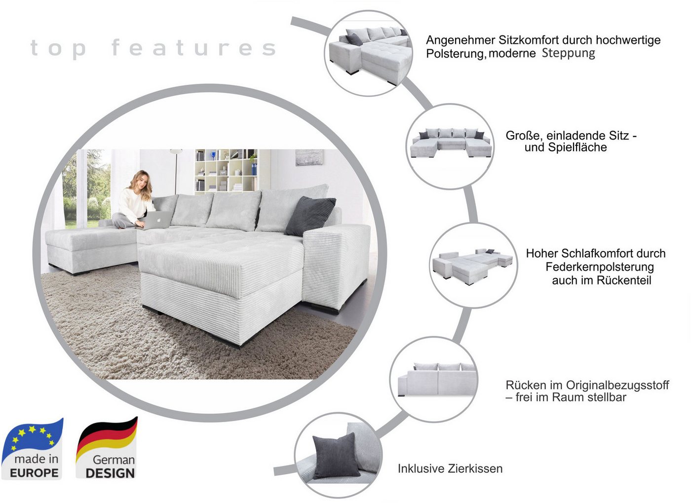 COLLECTION AB Wohnlandschaft Josy XL U-Form, B: 313 cm in Cord, Cord-Mix, Schlaffunktion, Bettkasten & 2 Zierkissen, Federkern – Bild 3 von 5