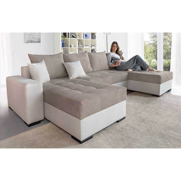 COLLECTION AB Wohnlandschaft Josy XL U-Form, B: 313 cm in Cord, Cord-Mix, Schlaffunktion, Bettkasten & 2 Zierkissen, Federkern