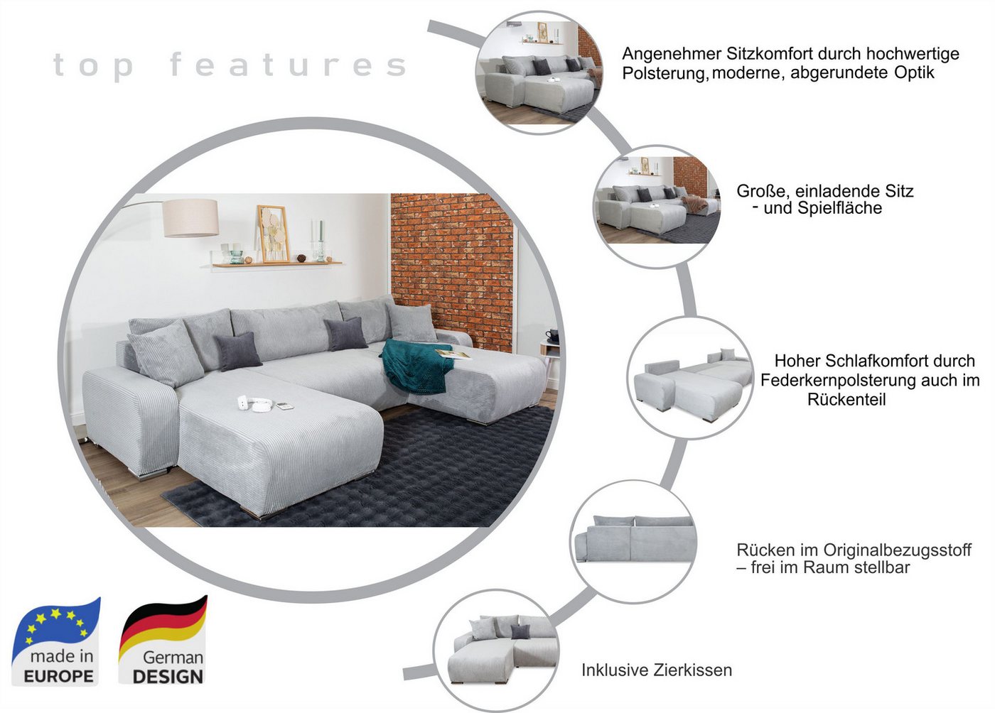 COLLECTION AB Wohnlandschaft Paola U-Form, B: 314 cm, Schlaffunktion, Bettkasten & 4 Zierkissen, Federkern – Bild 3 von 5