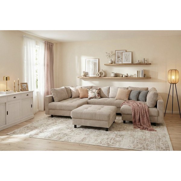 COLLECTION AB Wohnlandschaft Toni U-Form, B: 298 cm, XXL-Liegefläche mit Hocker 3 Stoffqualitäten, Set: Sofa & Hocker, 3 Zierkissen, Federkern