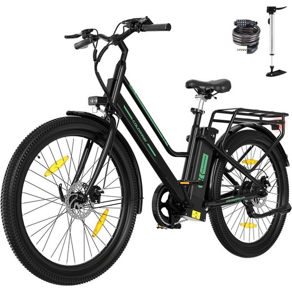 COLORWAY E-Bike Cityrad 27,5 Zoll Trekkingrad, Tiefeinsteiger, bis zu 100 km Reichweite, 1 Gang, Kettenschaltung, Heckmotor, 432 Wh, Gepäckträger hinten, heraus