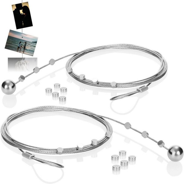 com-four Fotoseil Fotodrahtseil mit Magneten - 2 Meter Fotoleinen aus Metall (14-tlg), zum Aufhängen von Postkarten, Fotos und Notizen - Fotodraht