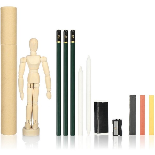 com-four Malstift Tolles Zeichenset für Kinder und Einsteiger, (12-tlg), Bleistiften, Kreide, Kohle, Radiergummi, Anspitzer, Etu