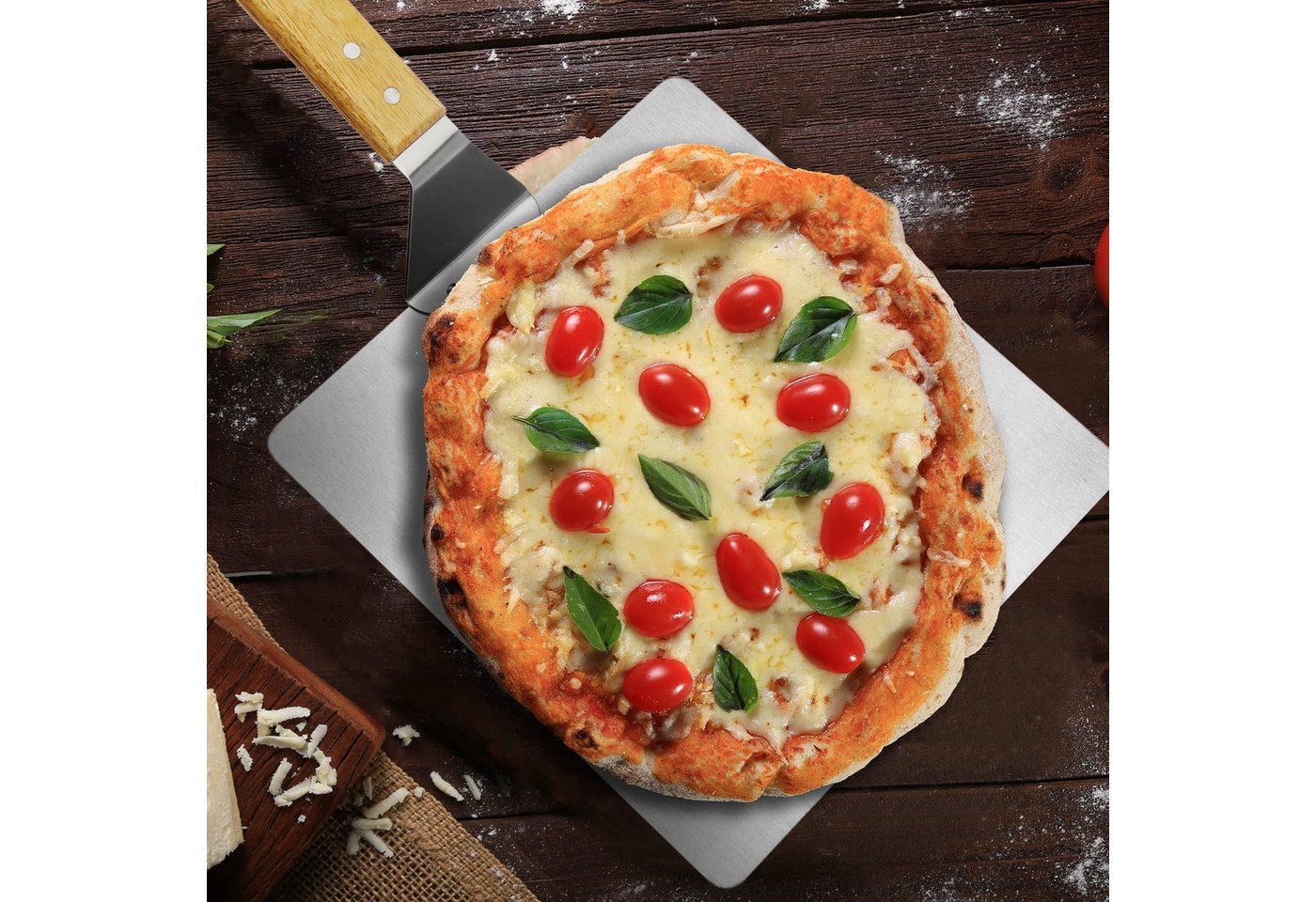 com-four Pizzaschieber Pizzaschaufel aus rostfreiem Edelstahl, Pizza- und Kuchenheber mit Holzgriff – Bild 2 von 5