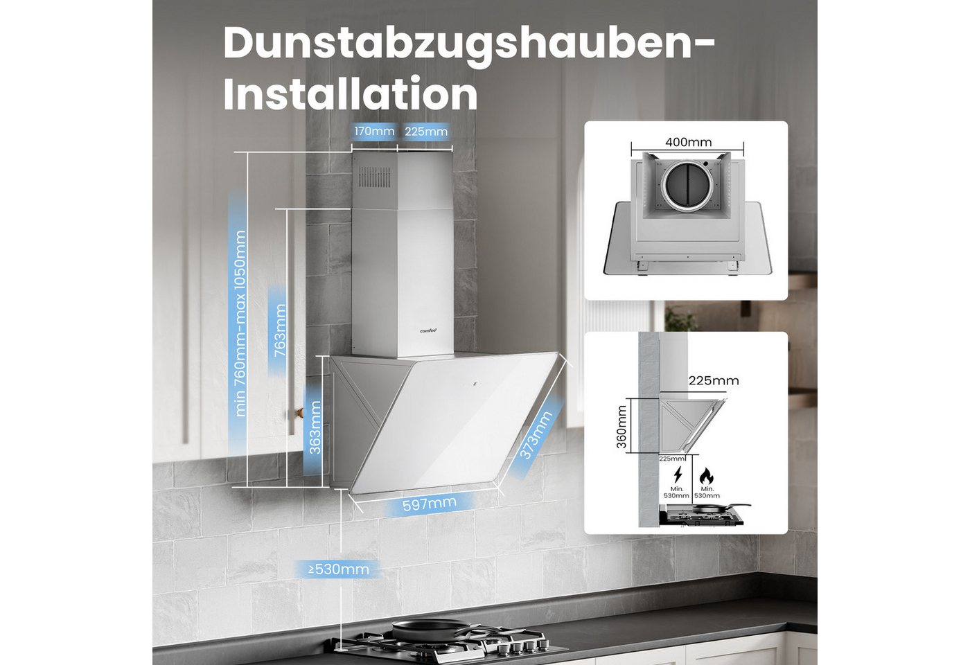 comfee Kopffreihaube CH60J64ET4A2B Touch, LED, 3 Stufen, 2 Modi, Kohlefilter, höhenverstellbar, sparsam – Bild 4 von 5