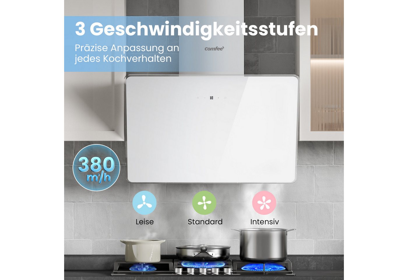 comfee Kopffreihaube CH60J64ET4A2B Touch, LED, 3 Stufen, 2 Modi, Kohlefilter, höhenverstellbar, sparsam – Bild 5 von 5