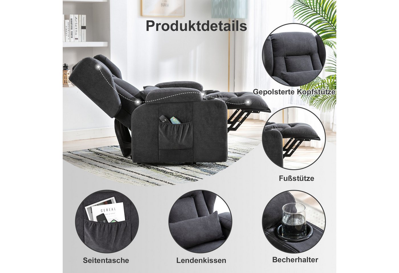 COMHOMA Relaxsessel Relaxsessel Aufstehhilfe Massagesessel mit Stoffoberfläche, mit Relaxfunktion – Bild 4 von 5