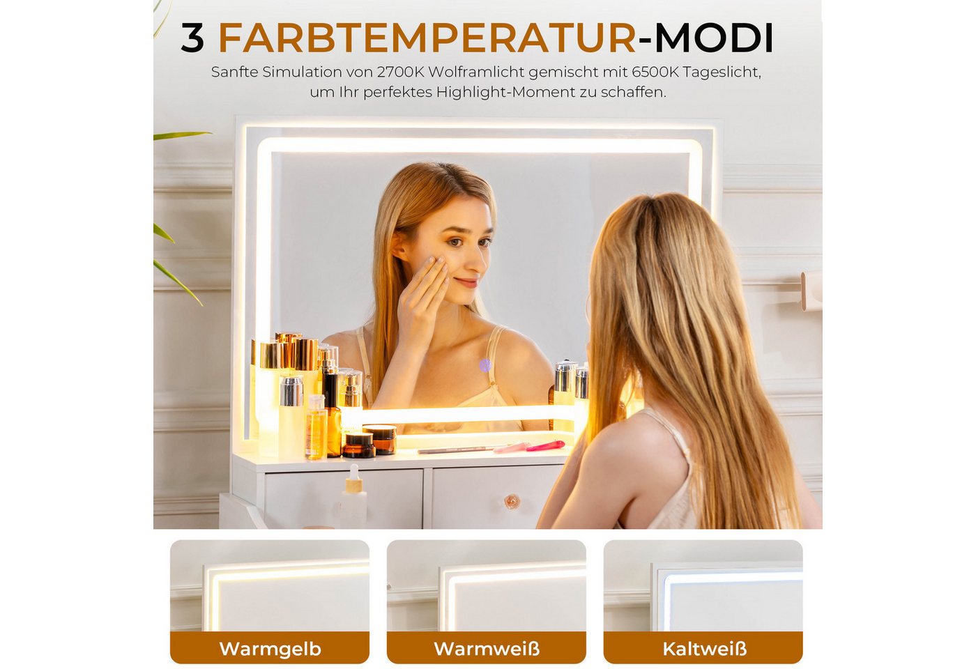 COMHOMA Schminktisch mit Spiegel und LED, 5 Schubladen, 80 x 40 x 135 cm mit Hocker, Steckdosen+verstellbaren LED-Beleuchtung – Bild 2 von 5