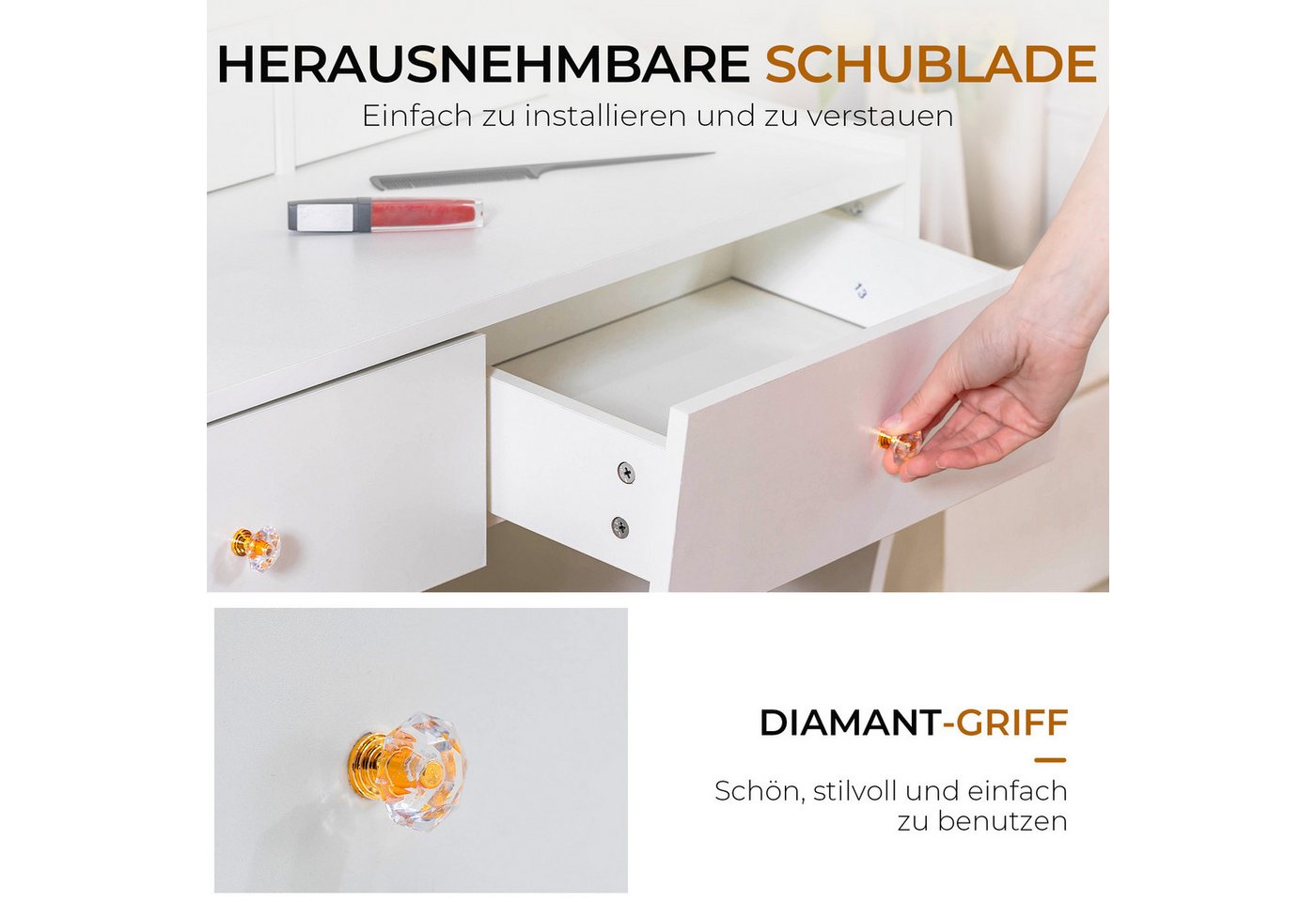 COMHOMA Schminktisch mit Spiegel und LED, 5 Schubladen, 80 x 40 x 135 cm mit Hocker, Steckdosen+verstellbaren LED-Beleuchtung – Bild 4 von 5