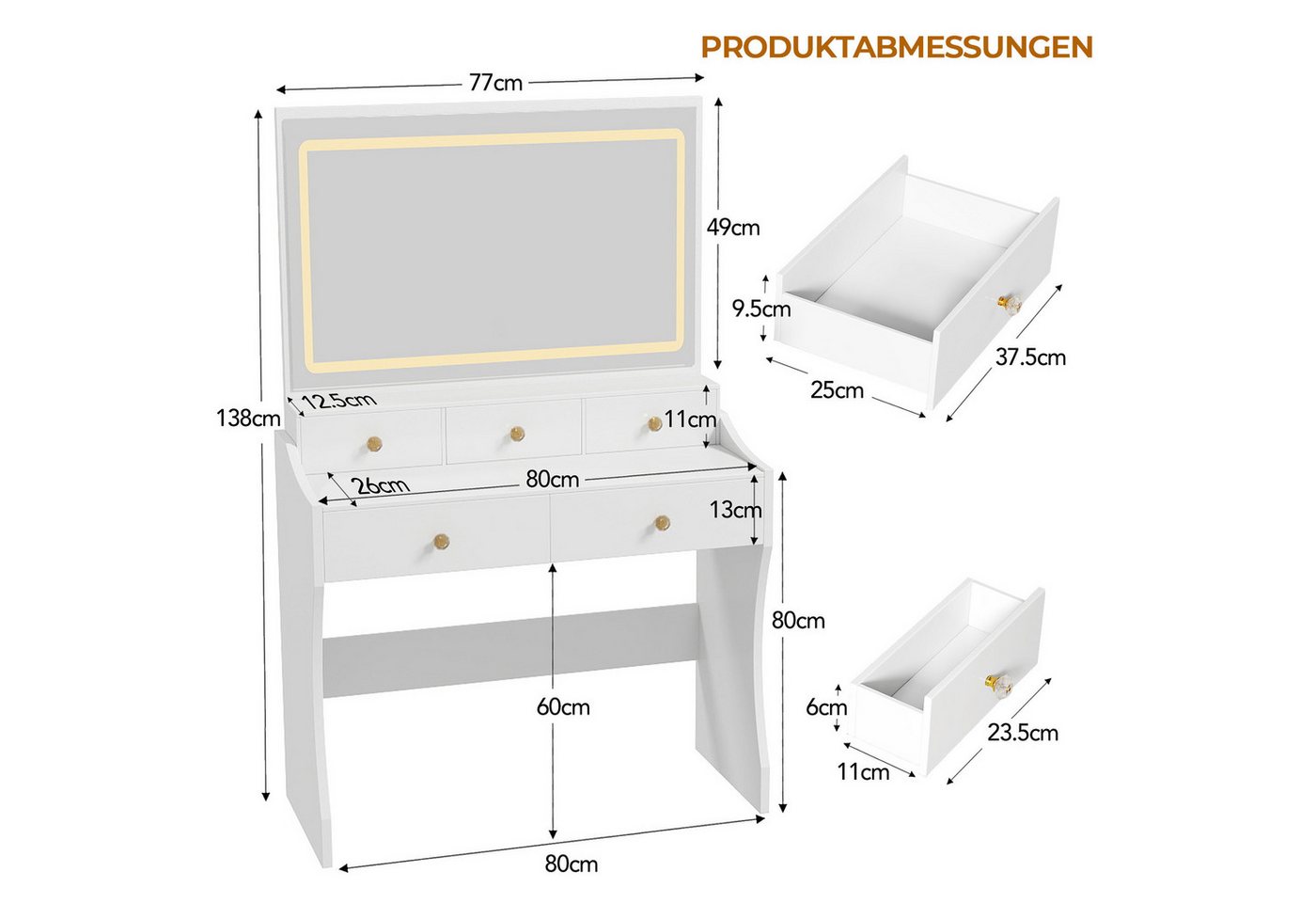 COMHOMA Schminktisch mit Spiegel und LED, 5 Schubladen, 80 x 40 x 135 cm mit Hocker, Steckdosen+verstellbaren LED-Beleuchtung – Bild 5 von 5