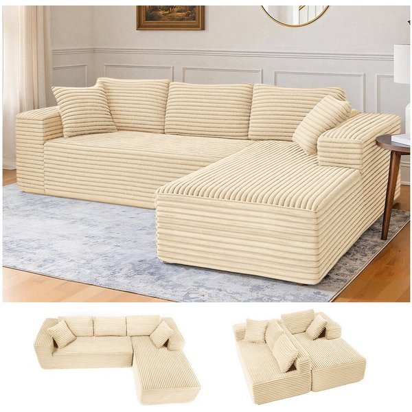 COMHOMA Sofa Big-Sofa, L-förmige Sofa, Couch Ecksofa, Chaiselongue Schlafsofa, mit tiefer Sitzfläche und breiten Armlehnen, Cordstoff
