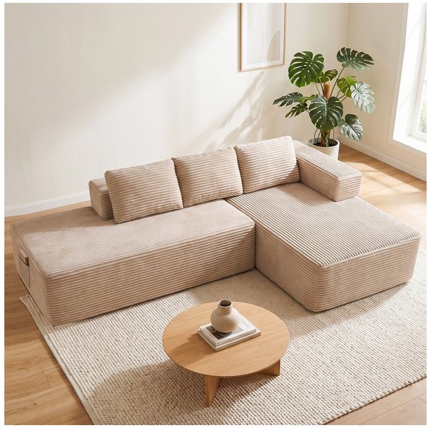 COMHOMA Sofa Ecksofa, Corduroy Modulares Boneless Couch mit Chaiselongue, Metallgestell, L-Form Schlafsofa mit Kissen & Seitentaschen