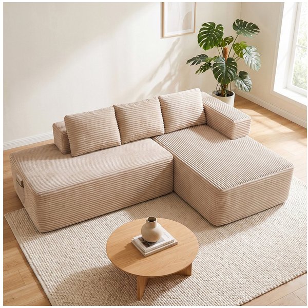 COMHOMA Sofa Ecksofa, Corduroy Modulares Boneless Couch mit Chaiselongue, Metallgestell, L-Form Schlafsofa mit Kissen & Seitentaschen