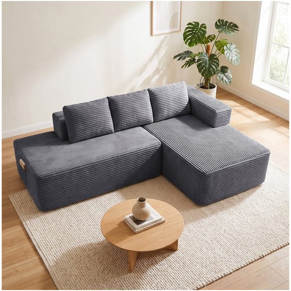 COMHOMA Sofa Ecksofa, Corduroy Modulares Boneless Couch mit Chaiselongue, Metallgestell, L-Form Schlafsofa mit Kissen & Seitentaschen