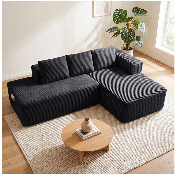 COMHOMA Sofa Ecksofa, Corduroy Modulares Boneless Couch mit Chaiselongue, Metallgestell, L-Form Schlafsofa mit Kissen & Seitentaschen