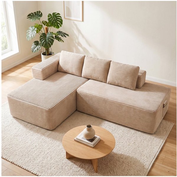COMHOMA Sofa Ecksofa, Corduroy Modulares Boneless Couch mit Chaiselongue, Metallgestell, L-Form Schlafsofa mit Kissen & Seitentaschen