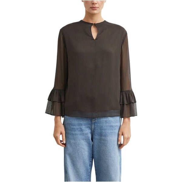 comma Langarmbluse schwarz,Casual,Polyester,Unifarben,Tropfen-Ausschnitt,Lang,Gerade