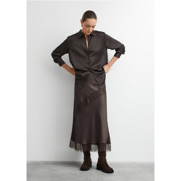 comma Midirock Rock Langer Satin-Rock mit Spitzeneinsatz