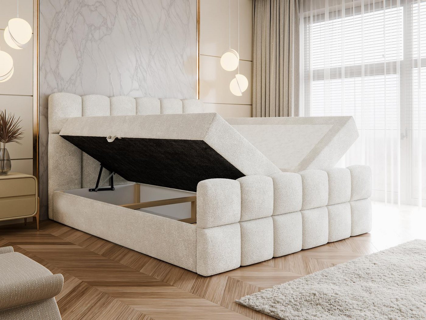 Compleo Boxspringbett Wolkenbett mit zwei Bettkästen, Bezug: Bouclé, Designer Bett – Bild 4 von 5