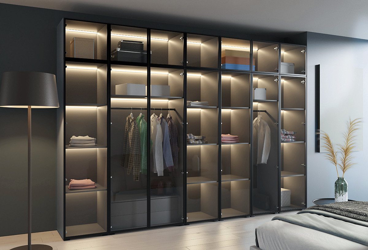 Compleo Drehtürenschrank mit Glasfront, Pefekt Garderobe, LED-Beleuchtung STELLS Kleiderschrank mit Aufsatz und Schubladen – Bild 2 von 4
