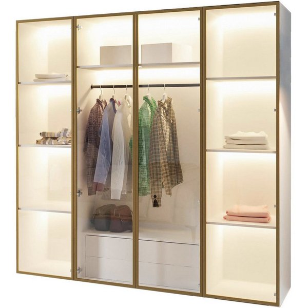 Compleo Drehtürenschrank mit LED-Beleuchtung, Glasfront, LED und Soft-Close mit 2 Schubladen 200 × 52 × 200 cm, Weiß, Rahmen Gold, pflegeleicht