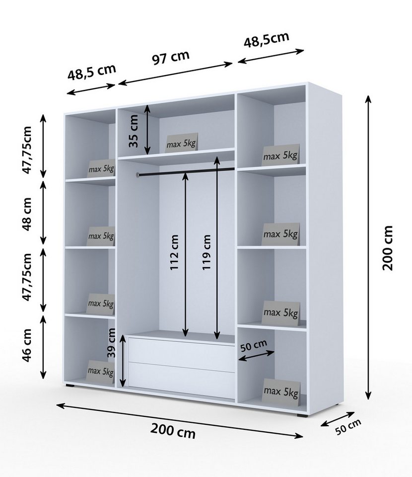 Compleo Drehtürenschrank mit LED-Beleuchtung, Glasfront, LED und Soft-Close mit 2 Schubladen 200 × 52 × 200 cm, Weiß, Rahmen Gold, pflegeleicht – Bild 3 von 3