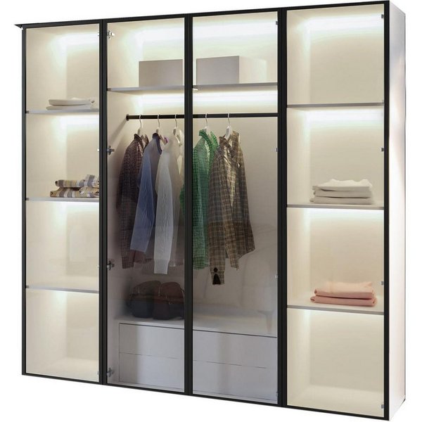 Compleo Drehtürenschrank mit LED-Beleuchtung, Glasfront, LED und Soft-Close mit 2 Schubladen 200 × 52 × 200 cm, Weiß, Rahmen Schwarz, pflegeleicht