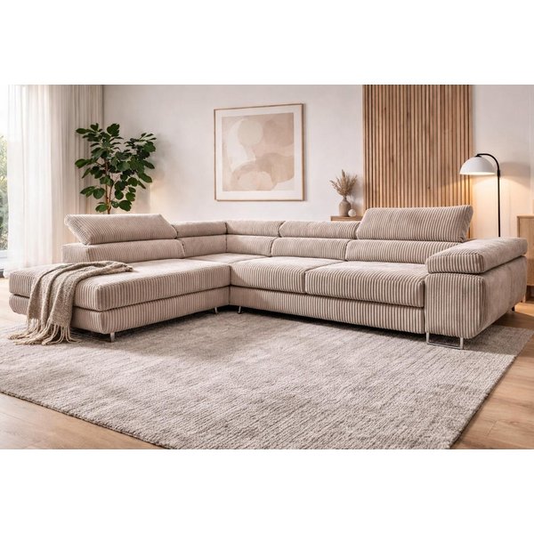 Compleo Ecksofa Einstellbare Kopfstützen, Schlaffunktion, Cordstoff FERRO, 274x203x70-90 cm