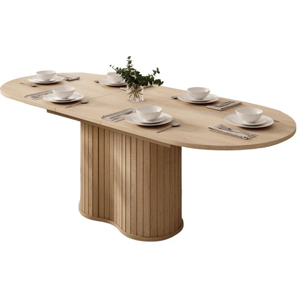 Compleo Esstisch Eiche cremona, kegelförmige Basis, Design-Rundtisch mit Lamellen (Oval), ausziehbar 180-220 cm