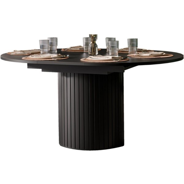 Compleo Esstisch MODERNO Ausziehtisch mit runder Platte und stabilem Säulengestell, 120–160 cm, Schwarz, 22-mm-Platte, pflegeleicht