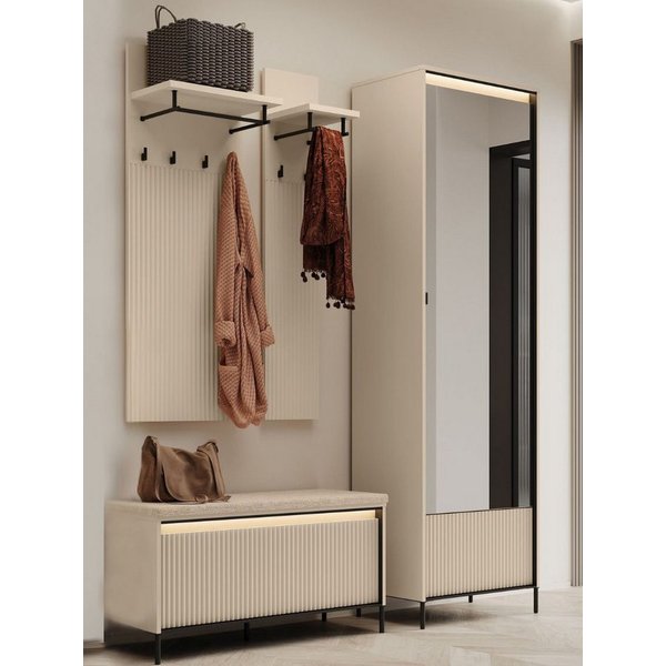 Compleo Garderoben-Set FLORE mit LED-Beleuchtung, geriffelte Front, Schuhschrank & Spiegel, Beige, 16-mm-Laminatplatte, LED-Beleuchtung, platzsparend