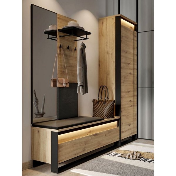 Compleo Garderoben-Set LIMA Garderoben-Set mit Schrank, Spiegel und LED-Beleuchtung, Eiche Artisan/Schwarz, Push-to-open, platzsparend