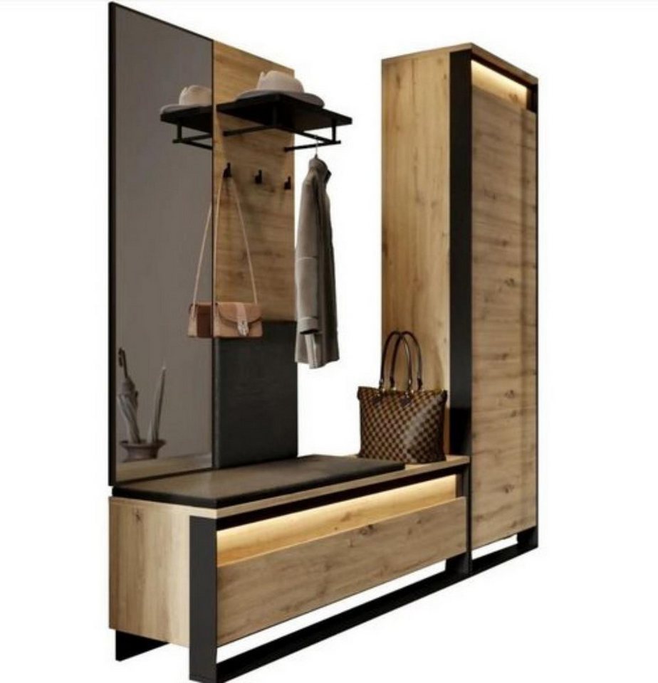 Compleo Garderoben-Set LIMA Garderoben-Set mit Schrank, Spiegel und LED-Beleuchtung, Eiche Artisan/Schwarz, Push-to-open, platzsparend – Bild 2 von 5