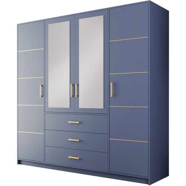 Compleo Kleiderschrank mit 4 Türen und Spiegel, Garderobe mit 3 Schubladen ALEX II Gold griffe