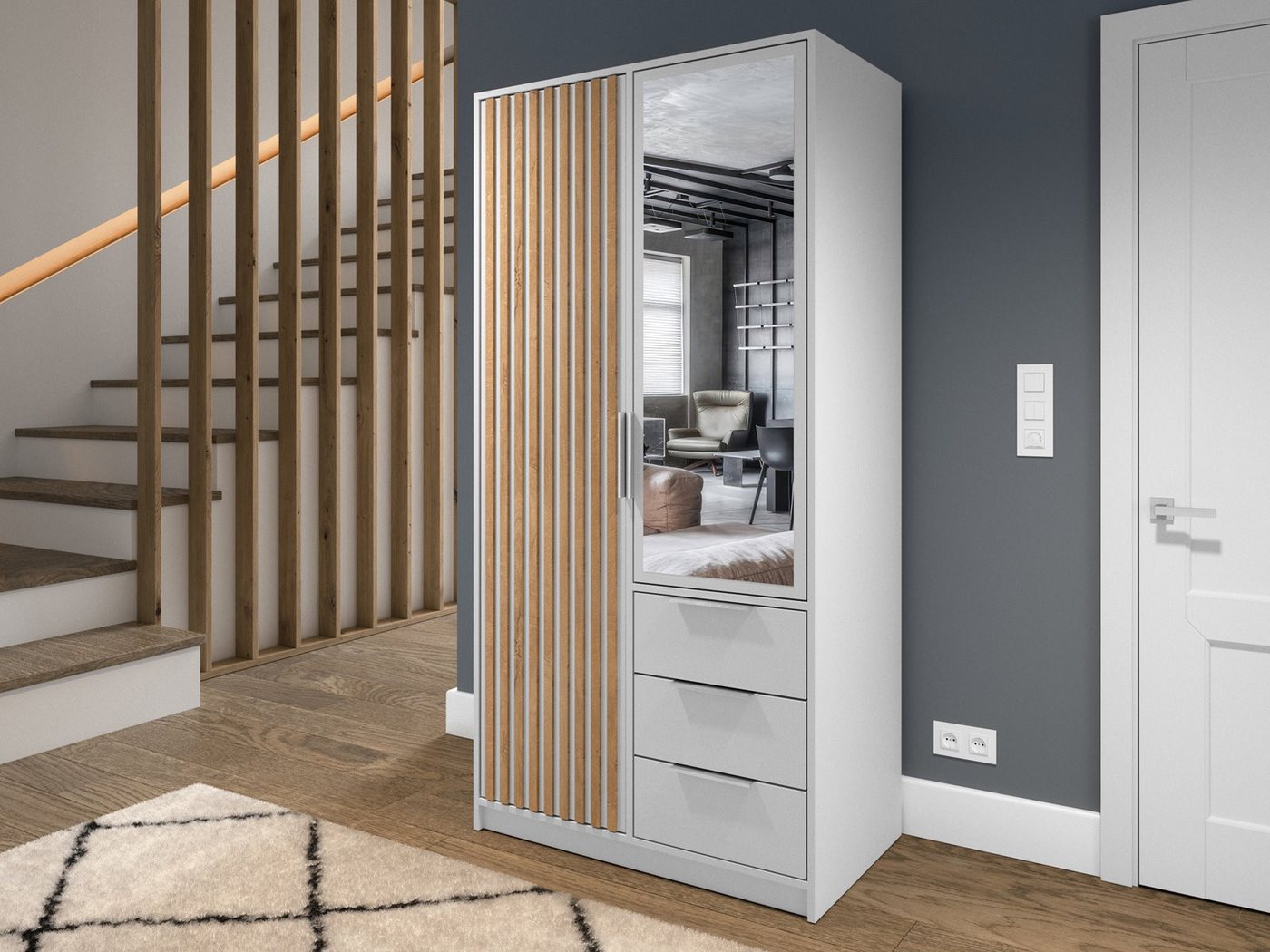 Compleo Kleiderschrank mit Lamellen, Breite 100 cm, Garderobe mit 3 Schubladen OLS – Bild 2 von 5
