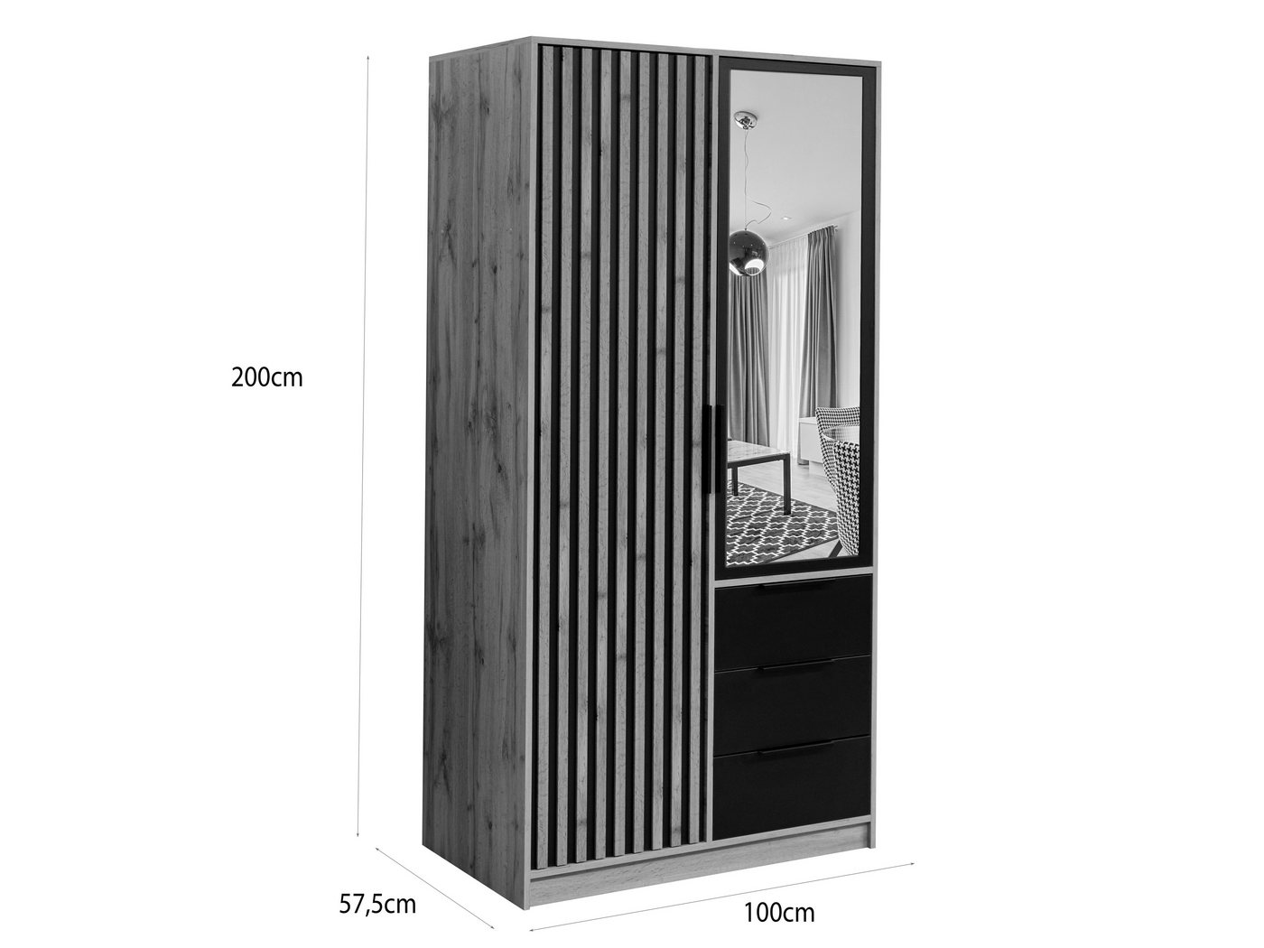 Compleo Kleiderschrank mit Lamellen, Breite 100 cm, Garderobe mit 3 Schubladen OLS – Bild 5 von 5