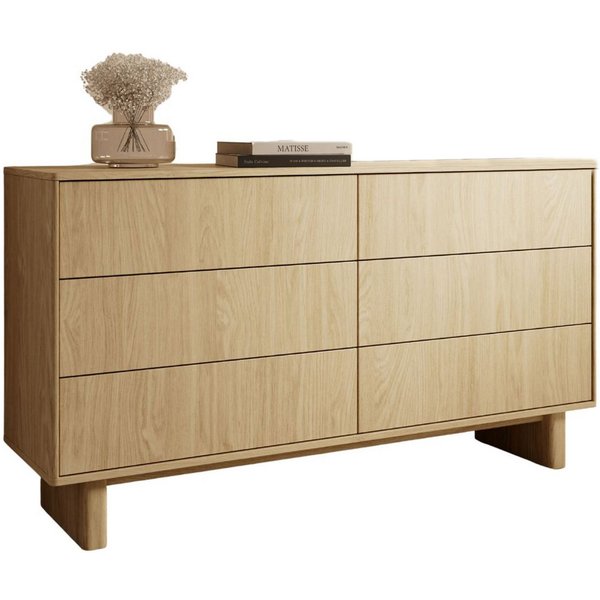 Compleo Kommode mit sechs Schubladen, Sideboard natur, Holzoptik, Japandi Stil VELINO, Schubkastenkommode