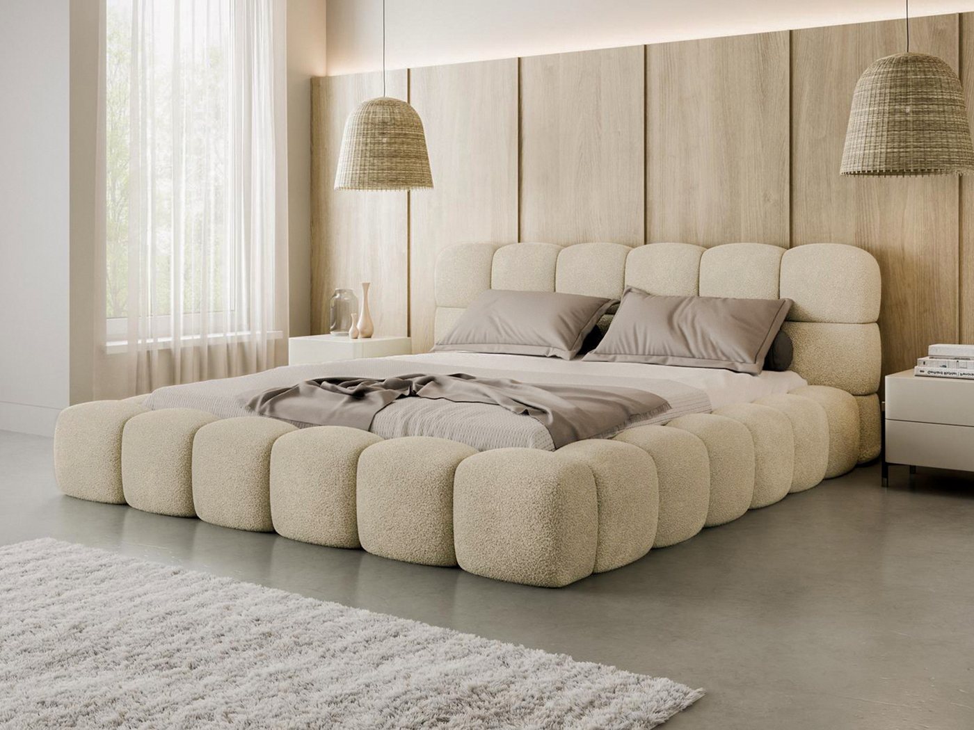 Compleo Polsterbett BIZU BUBBLE bouclé, Designerbett 140/160/180/200x200, MADE IN EU, Weiche Formen, hochwertige Materialien für Komfort wie auf Wolke – Bild 2 von 5