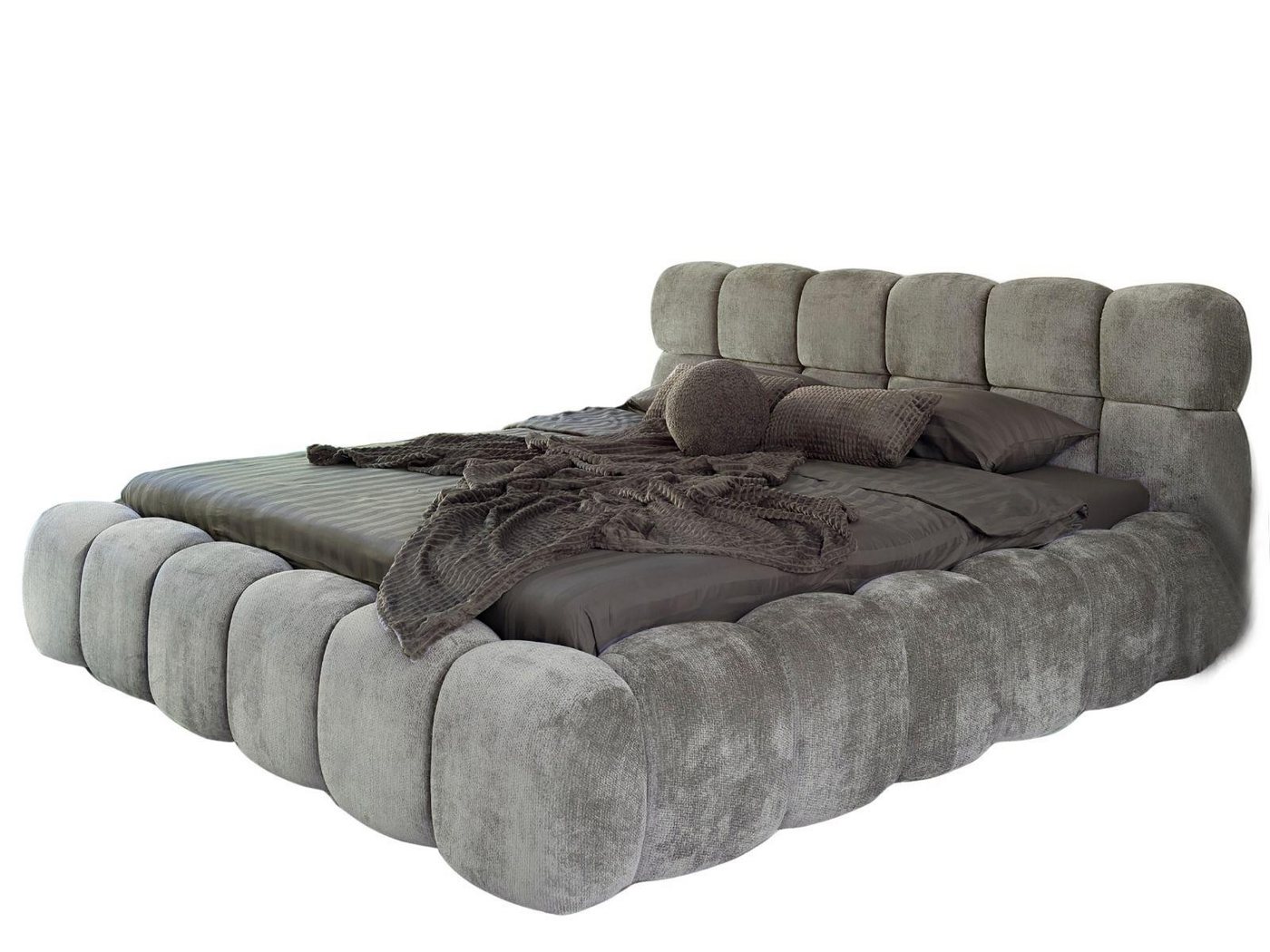 Compleo Polsterbett ELVA im Wolken-Look mit Bettkasten und hohem, weichem Kopfteil (Chenille-Stoff), 160 × 200 cm, Chenille-Stoff in Grau, mit Holz-Lattenrost – Bild 2 von 5