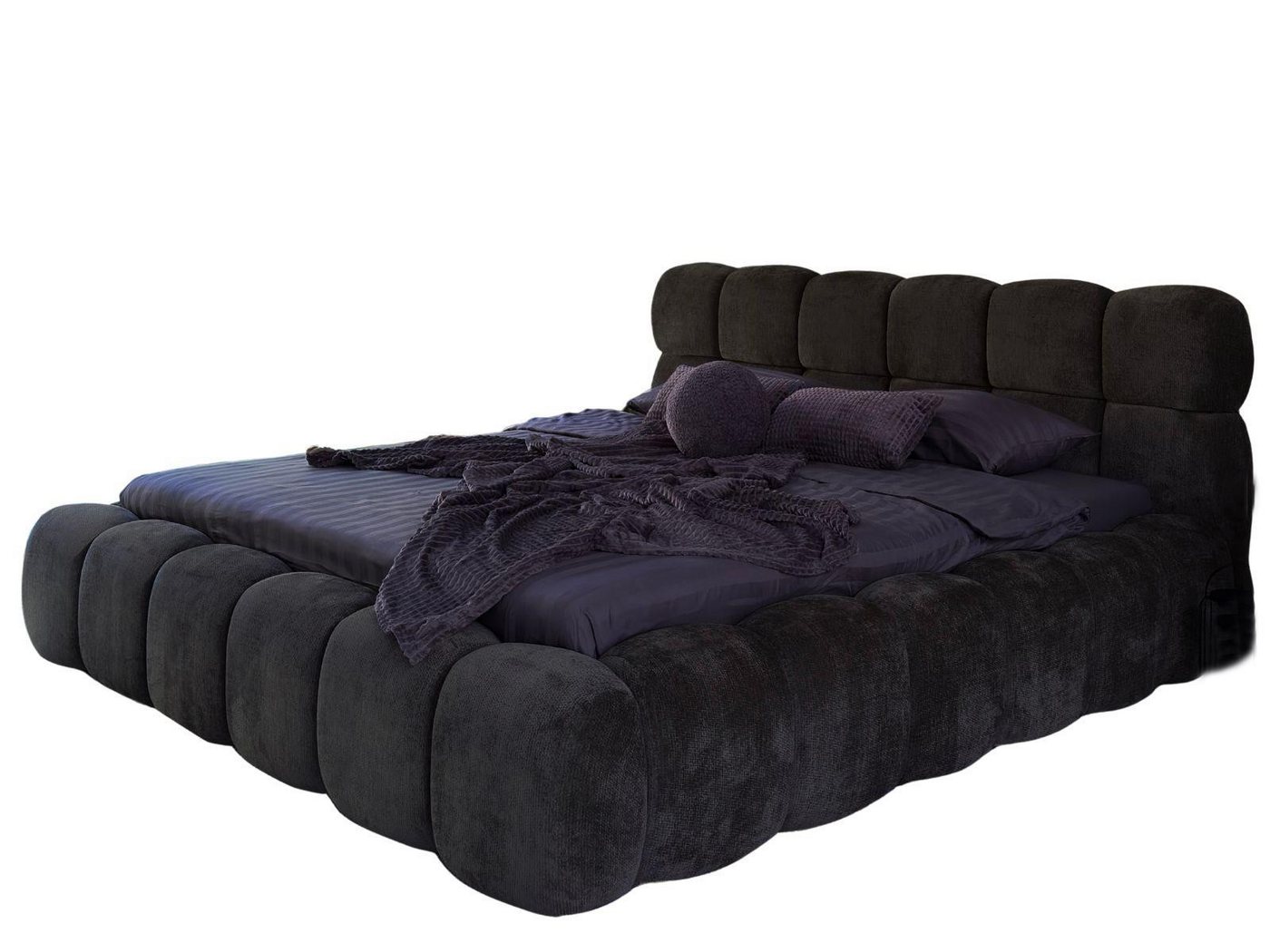 Compleo Polsterbett ELVA im Wolken-Look mit Bettkasten und hohem, weichem Kopfteil (Chenille-Stoff), 200 × 200 cm, Chenille-Stoff in Schwarz, mit Holz-Lattenros – Bild 2 von 5