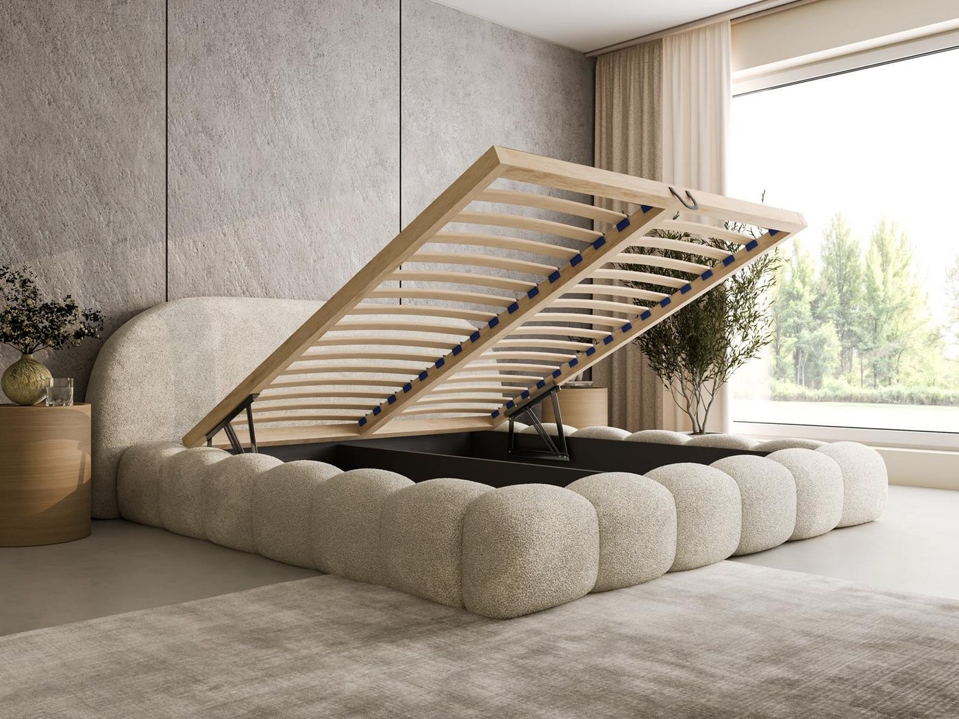 Compleo Polsterbett aus Bouclé OMBIS, Wolkenbett mit Bettkasten und Lattenrost (gepolstertes Bett aus Bouclé mit abgerundeten Formen), 120x200 140x200 160x200 1 – Bild 4 von 5