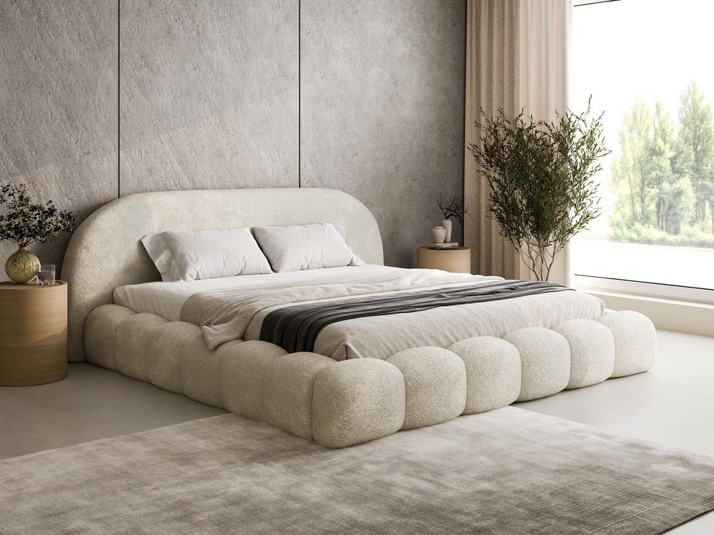 Compleo Polsterbett aus Bouclé OMBIS, Wolkenbett mit Bettkasten und Lattenrost (gepolstertes Bett aus Bouclé mit abgerundeten Formen), 120x200 140x200 160x200 1 – Bild 2 von 5