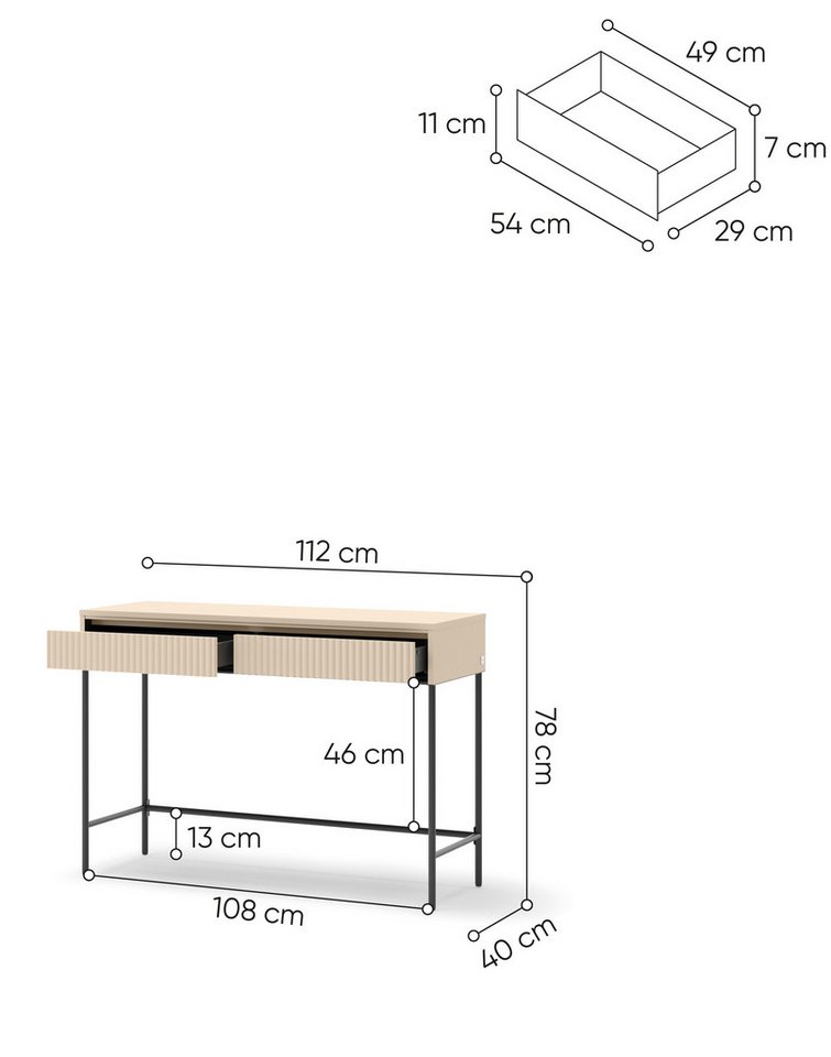 Compleo Schminktisch mit 2 Schubladen FLORE, Konsolentisch mit Lamellen, geriffelter Front – Bild 5 von 5