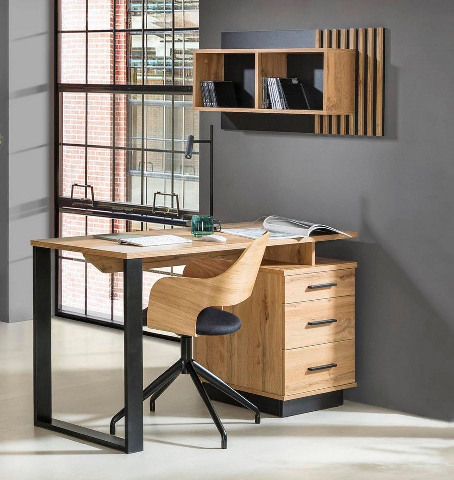 Compleo Schreibtisch mit 3 Schublade, Möbelfarbe: Eiche Wotan/Schwarz, Breite: 135 cm – Bild 2 von 3