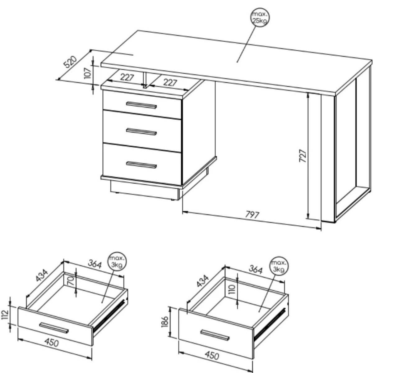 Compleo Schreibtisch mit 3 Schublade, Möbelfarbe: Eiche Wotan/Schwarz, Breite: 135 cm – Bild 3 von 3