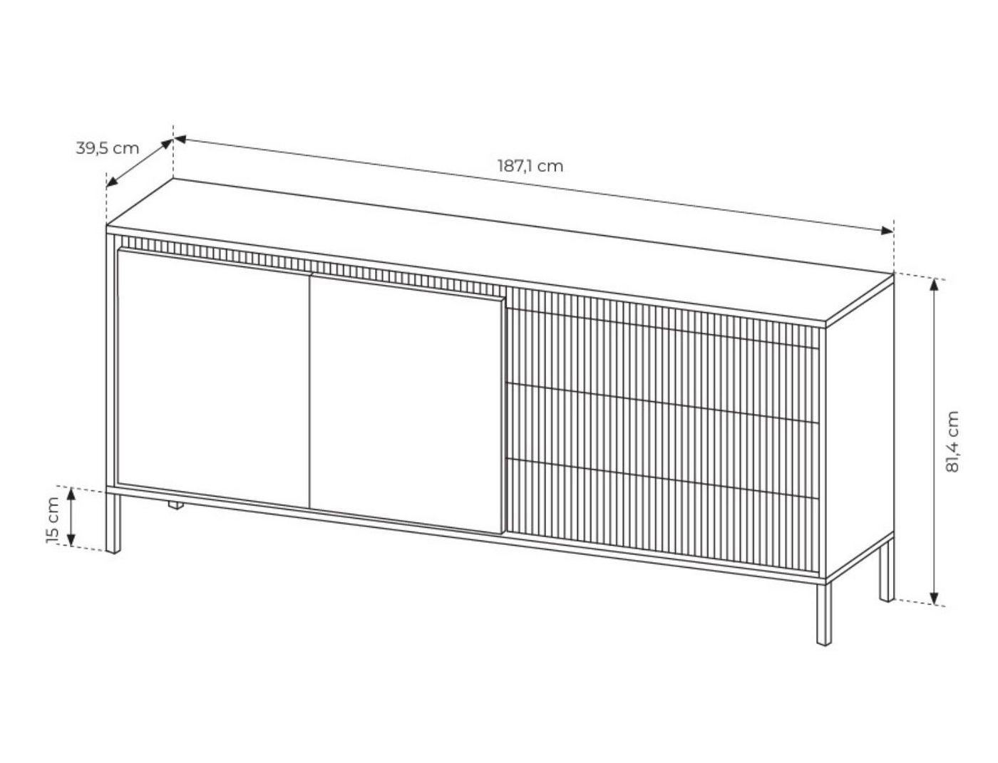 Compleo Schubkastenkommode 187 cm, gerillte Front, Push-to-open, große Kapazität, 3 Schubladen, Praktische Aufbewahrung mit Push-to-open Funktion für modernes W – Bild 5 von 5