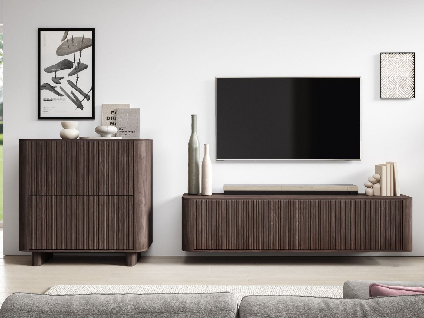 Compleo TV-Schrank 220 cm breit, Hängend oder auf Füßen, TV-Tisch japandi Nussbaum oder Kaschmir – Bild 4 von 5