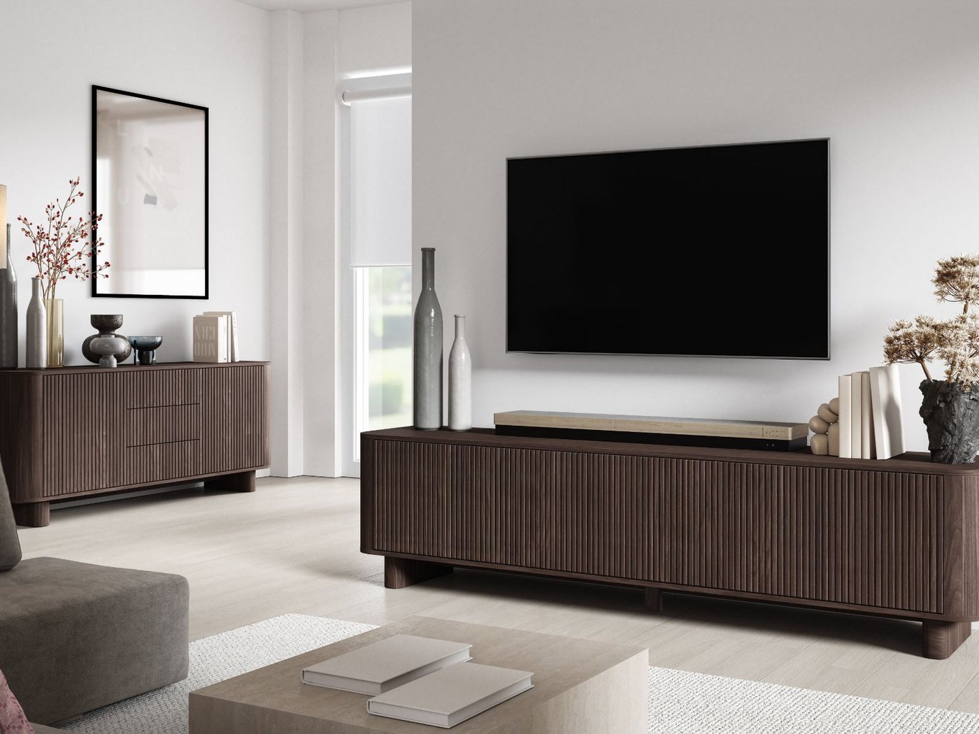 Compleo TV-Schrank 220 cm breit, Hängend oder auf Füßen, TV-Tisch japandi Nussbaum oder Kaschmir – Bild 3 von 5