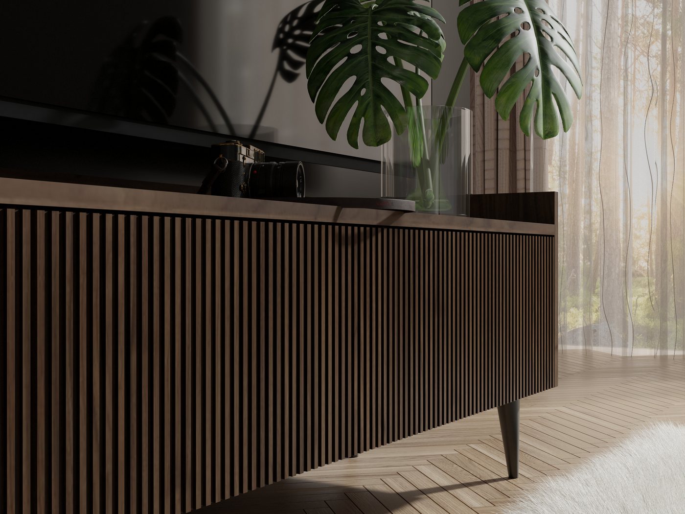 Compleo TV-Schrank dreitürig, Japandi design, Lamellenoptik MODE 180 cm breit – Bild 2 von 4