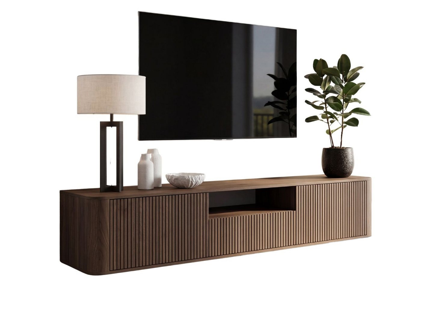Compleo TV-Schrank japandi, elegantes Lowboard Wohnzimmer, Fernsehtisch 200 cm hängendes TV-Board mit Lamellen – Bild 2 von 5